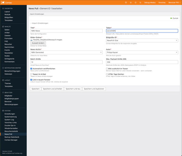 Backend-Modul: Konfiguration der NewsPull-Extension